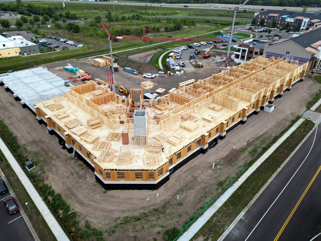 Aerial view of an apartment complex framing package