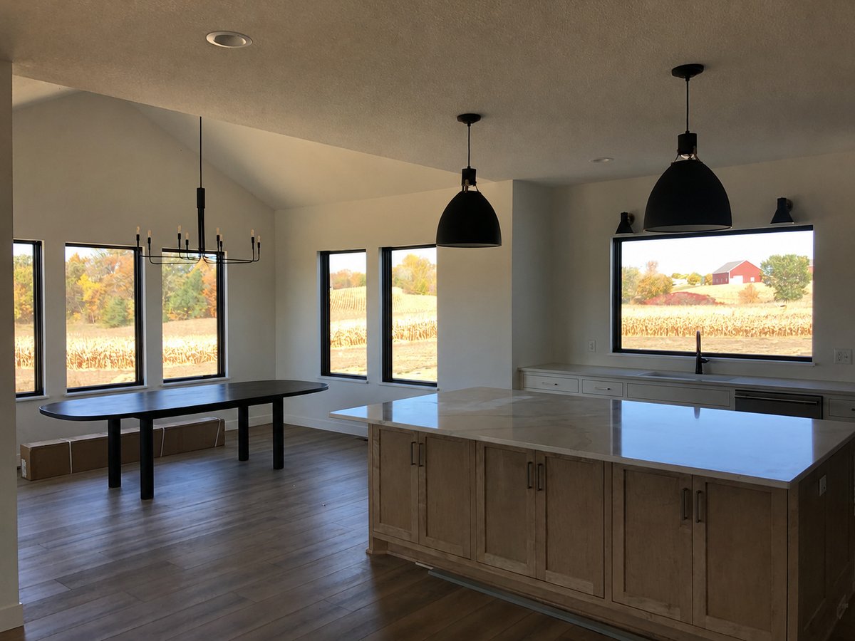Dining and great room with island seating