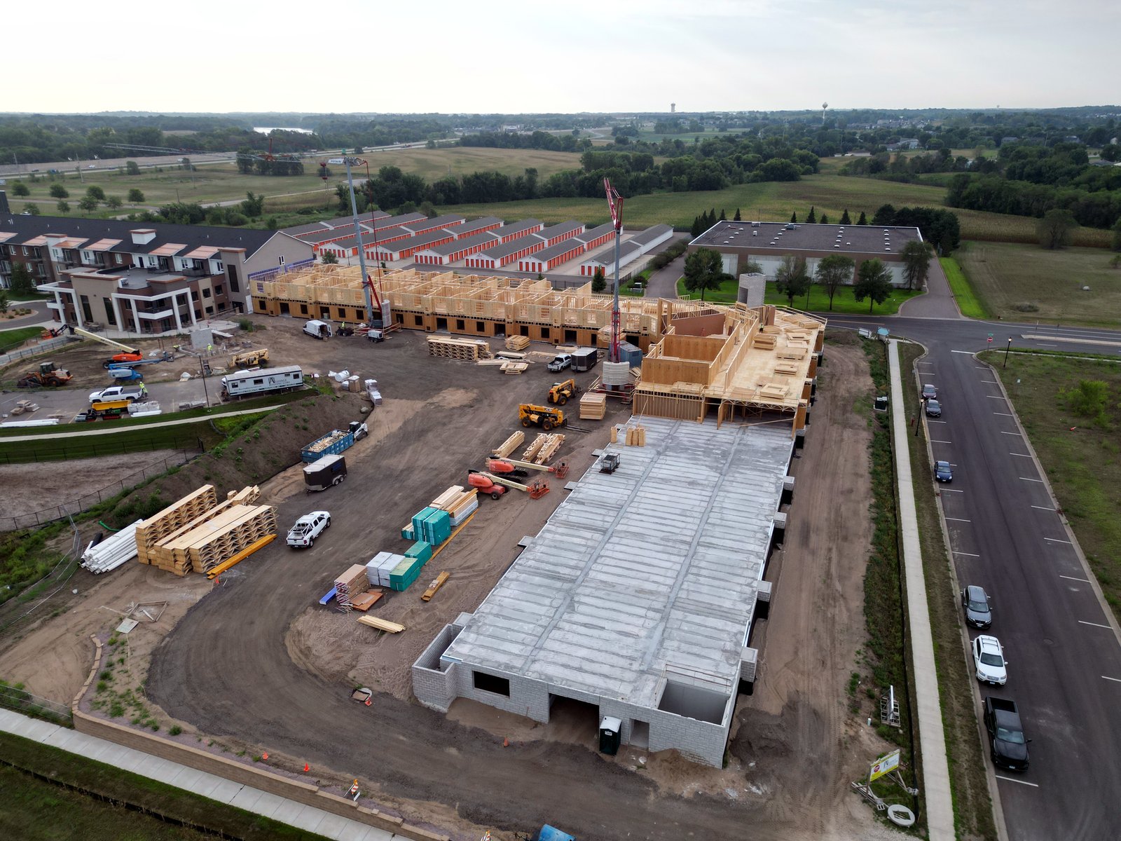 Aerial view of an apartment complex framing package by Bludorn Builders